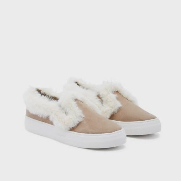 •Eloise• Faux Fur Embellished Slip On Taupe Sneakers - Picture 3 of 5
